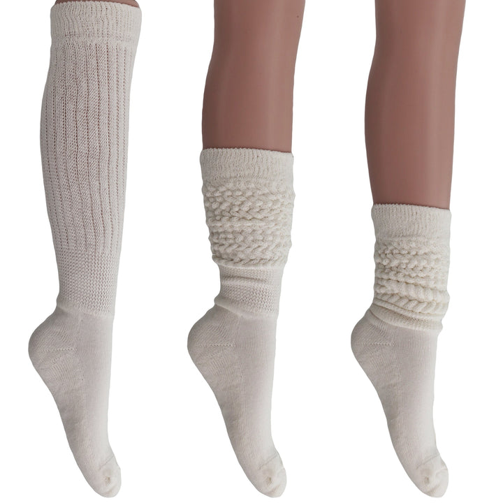 Women's extra-long cotton slouch socks in ivory, scrunched at the ankle
