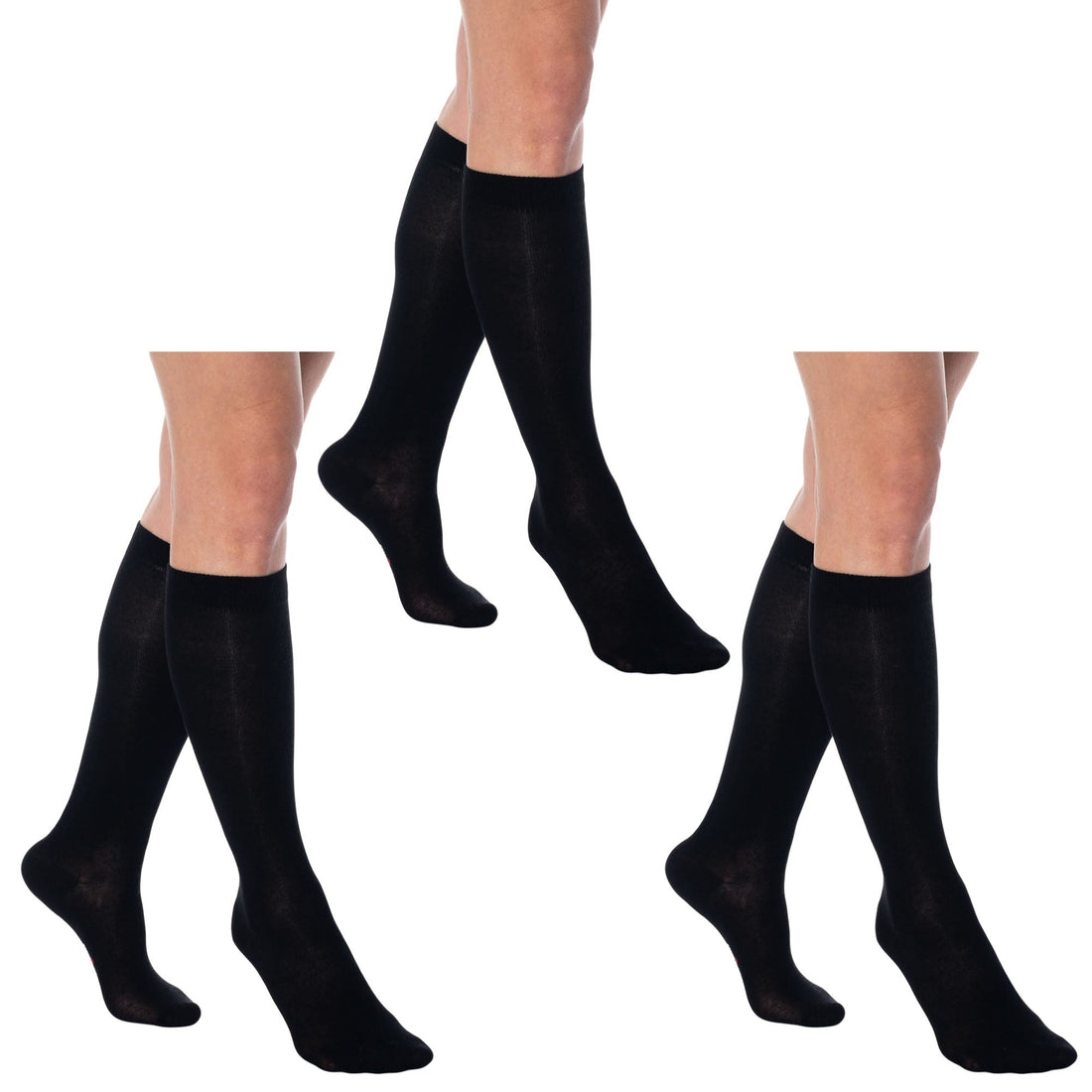 Women's cotton knee-high socks in black with a ribbed elastic top