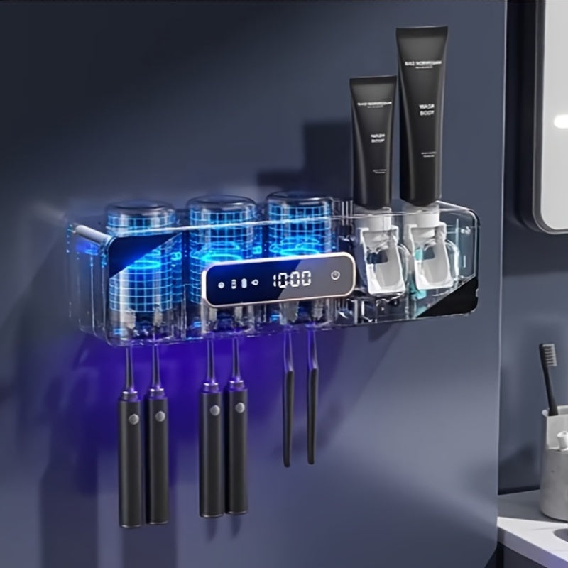 Smart Toothbrush Holder Wall Mount – 6 Slots, 2 Dispensers, 3 Cups, USB Recharge
