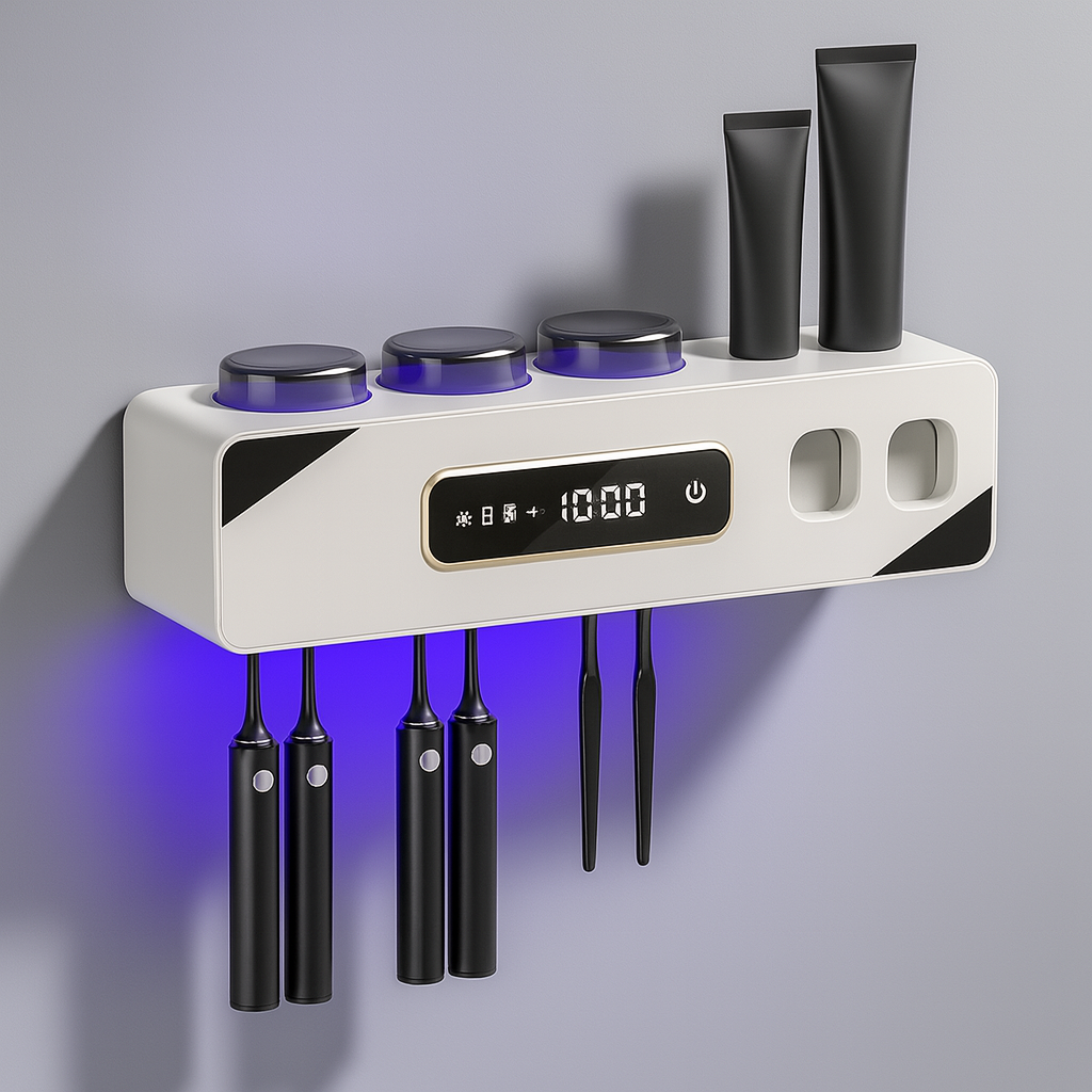 Smart Toothbrush Holder Wall Mount – 6 Slots, 2 Dispensers, 3 Cups, USB Recharge