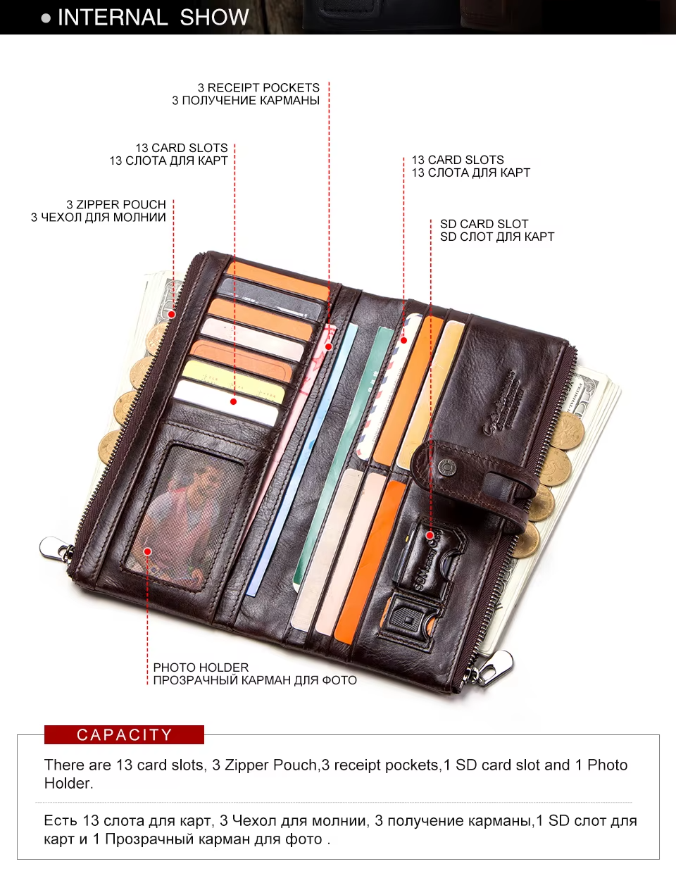 Men’s Genuine Leather Clutch Wallet Long Zipper Coin Purse & Card Holder
