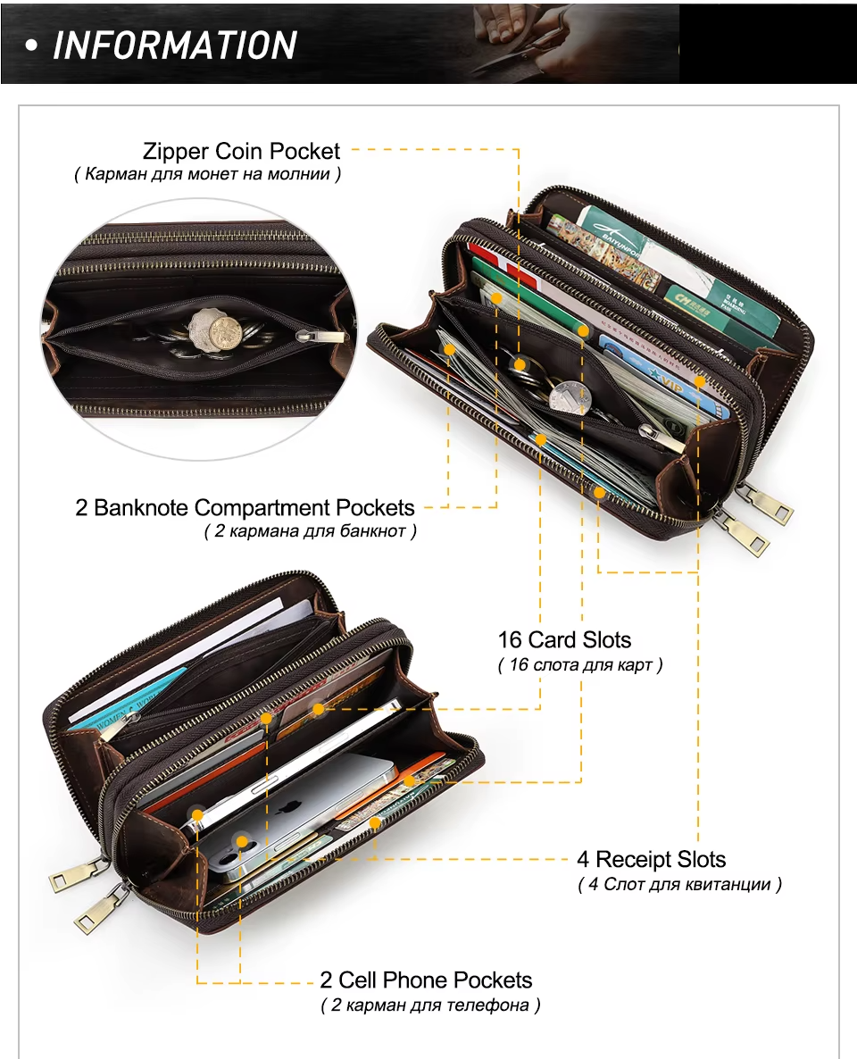 Genuine Leather Men's Long Wallet Clutch with Double Zipper & Card Slots
