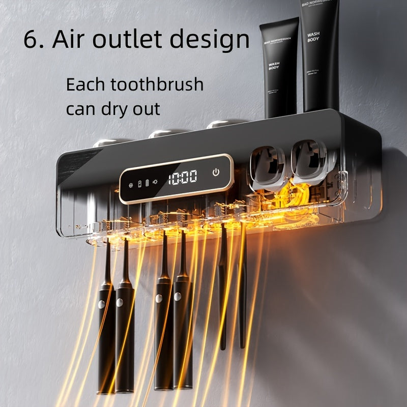 Smart Toothbrush Holder Wall Mount – 6 Slots, 2 Dispensers, 3 Cups, USB Recharge
