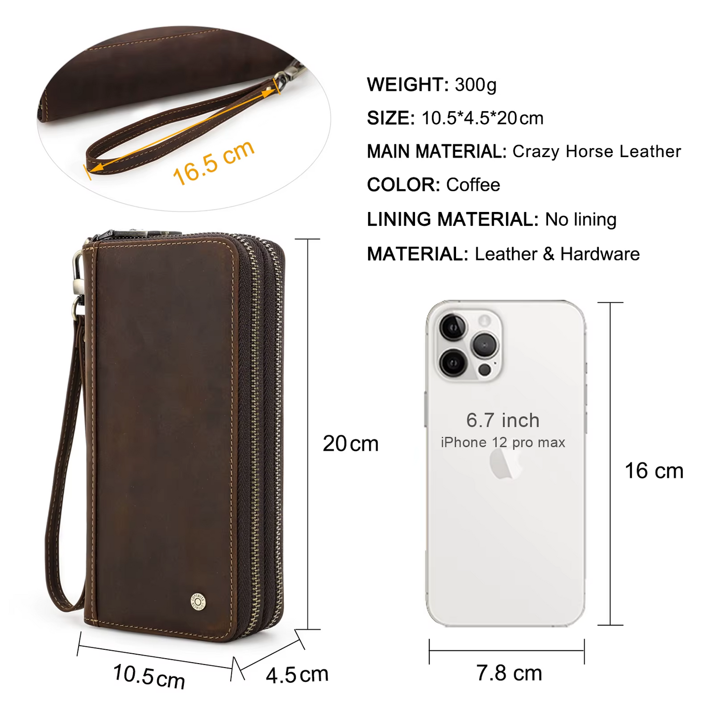 Genuine Leather Men's Long Wallet Clutch with Double Zipper & Card Slots