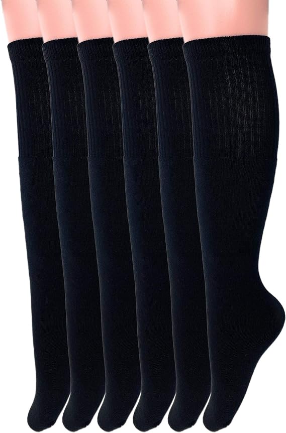 6 Pairs Cotton Knee High Tube Socks Men Women Size 9-15 Sports Ribbed Black Fit