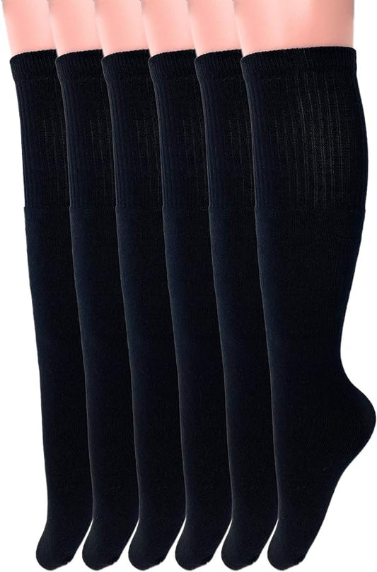 6 Pairs Cotton Knee High Tube Socks Men Women Size 9-15 Sports Ribbed Black Fit