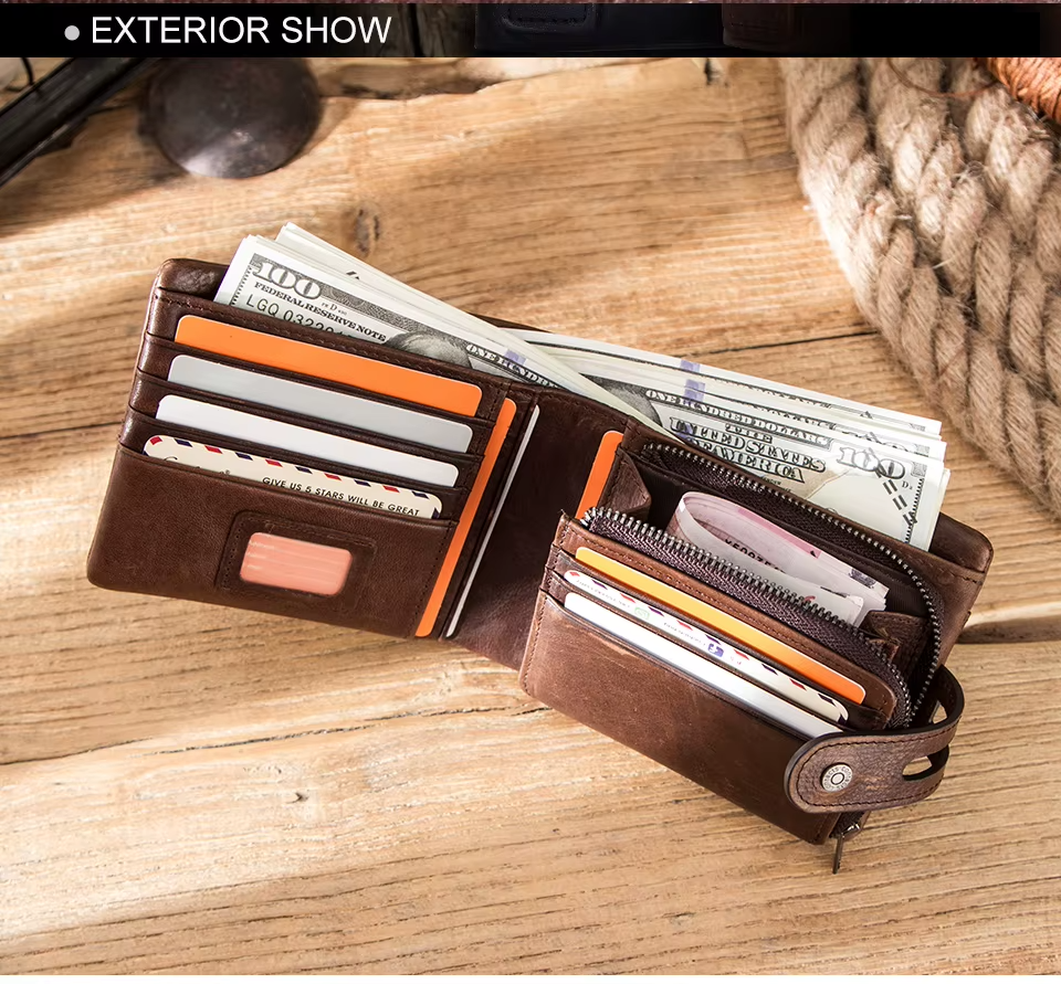 Genuine Leather Men Wallet RFID Blocking Short Coin Purse with Card Slots