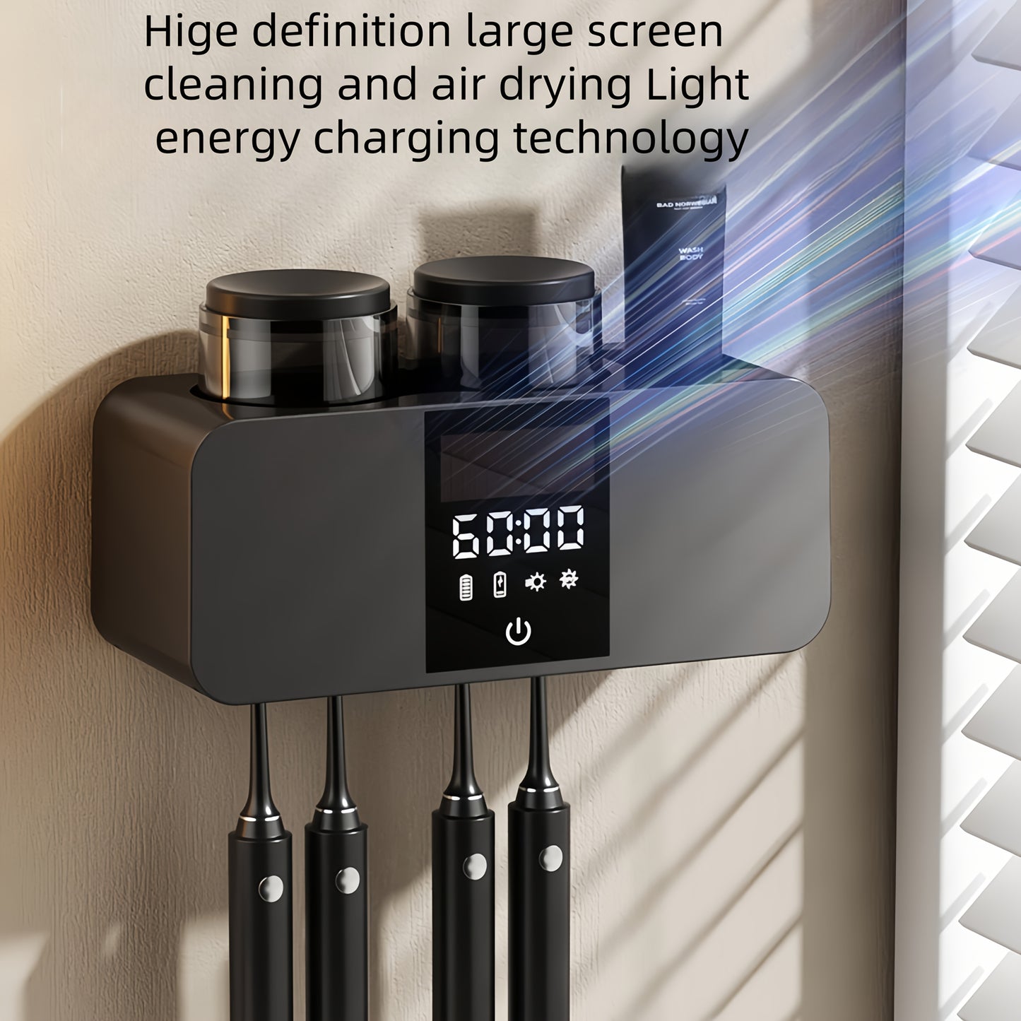 Smart Toothbrush Holder UV Sterilizer Wall Mount USB Charging 4 Brush Slots 2 Cups