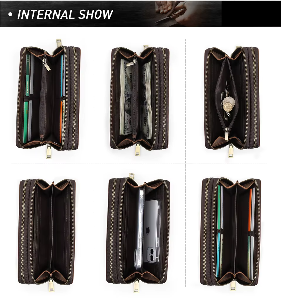 Genuine Leather Men's Long Wallet Clutch with Double Zipper & Card Slots