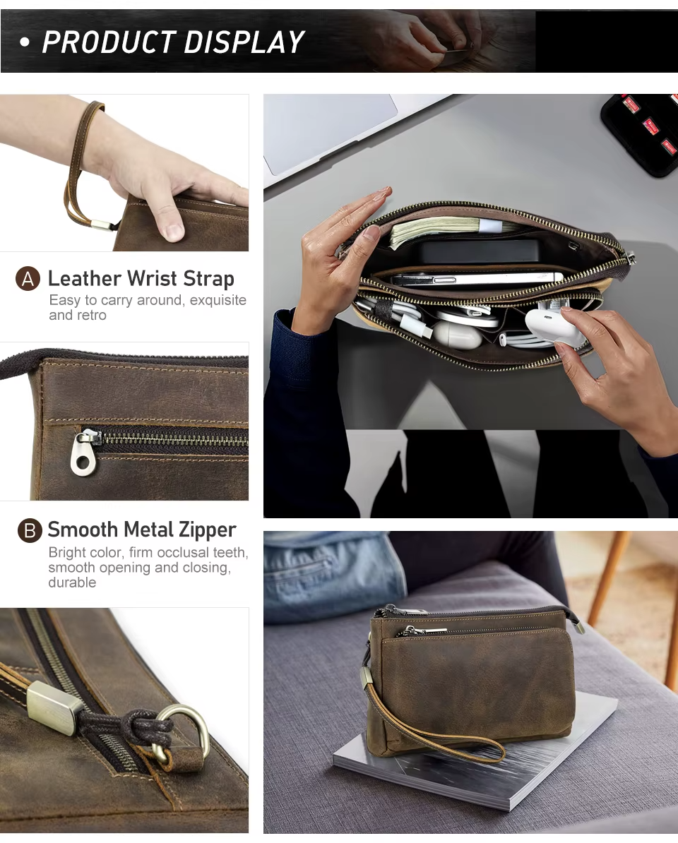 Genuine Leather Men Clutch Bag Long Wallet Travel Handbag Storage Organizer