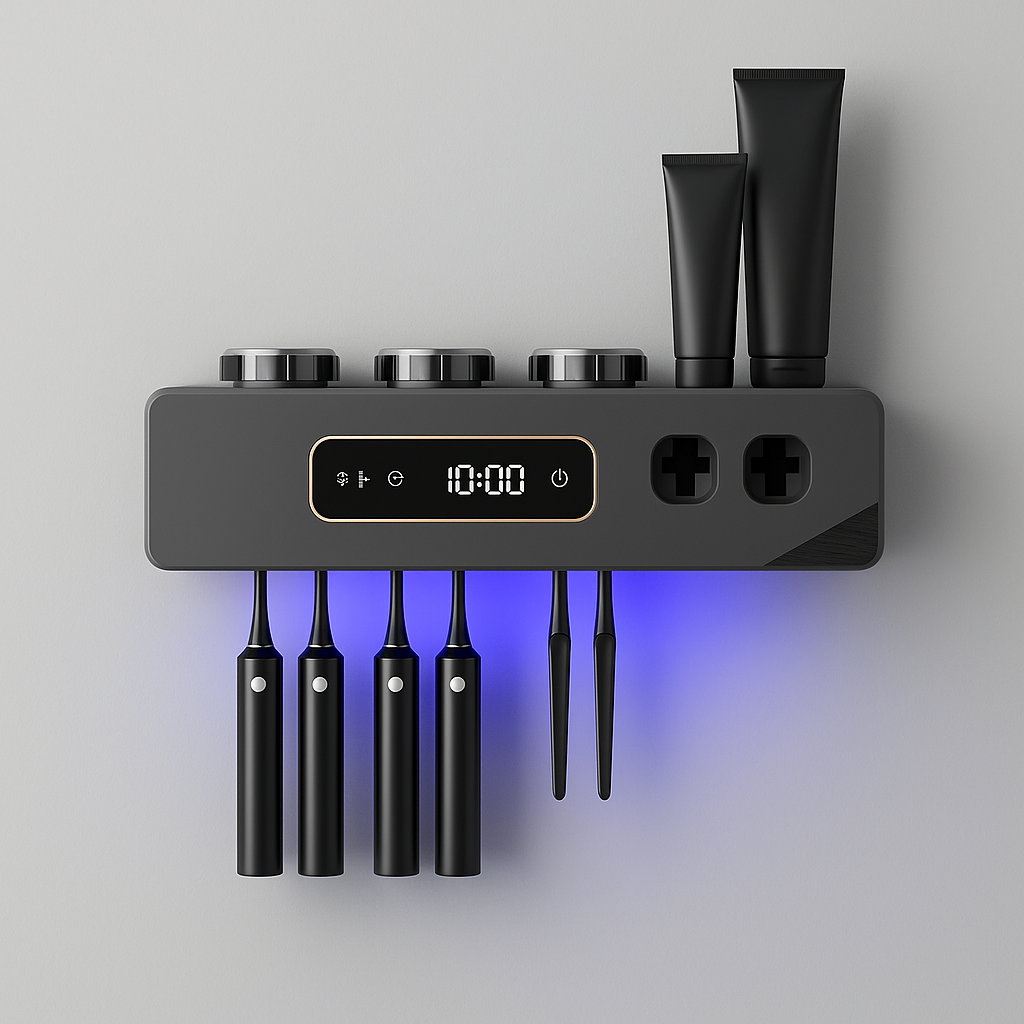 Smart Toothbrush Holder Wall Mount – 6 Slots, 2 Dispensers, 3 Cups, USB Recharge