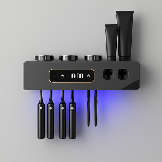 Smart Toothbrush Holder Wall Mount – 6 Slots, 2 Dispensers, 3 Cups, USB Recharge