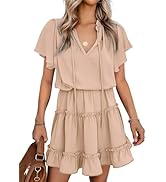 Womens V Neck Chiffon Mini Dress Short Sleeve Ruffle Summer Flowy Skirt