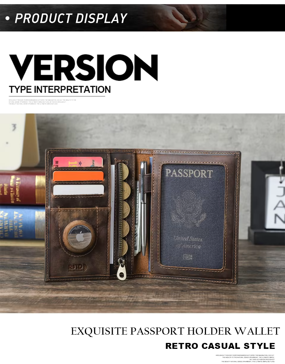 Genuine Leather Passport Wallet AirTag Slot Travel Card Holder for Men Women