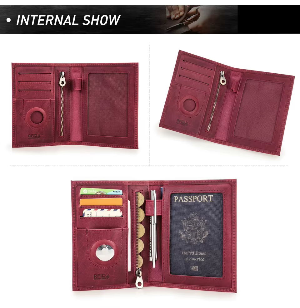 Genuine Leather Passport Wallet AirTag Slot Travel Card Holder for Men Women