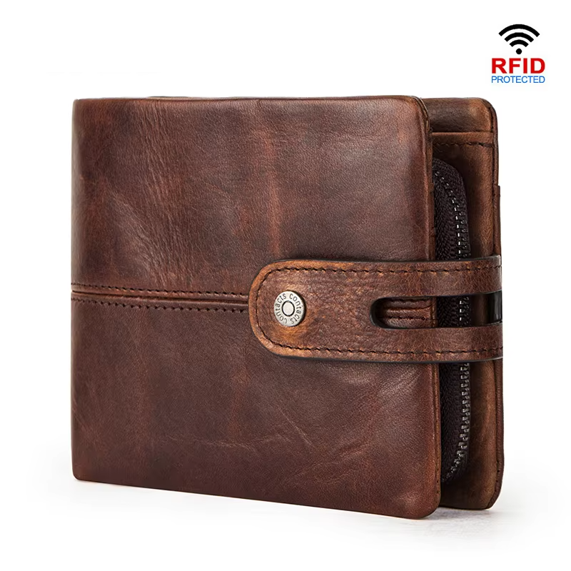 Genuine Leather Men Wallet RFID Blocking Short Coin Purse with Card Slots