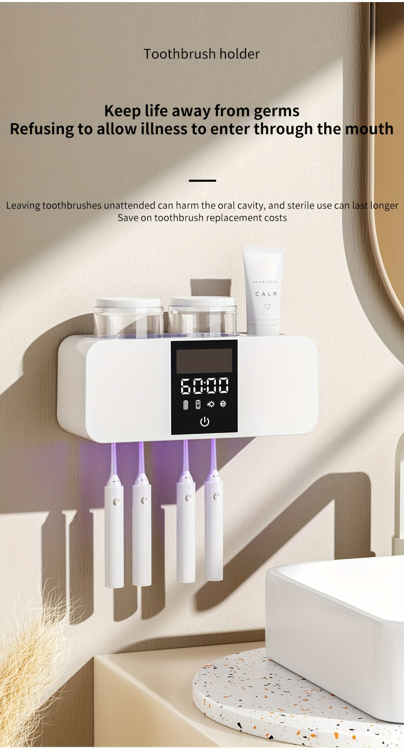 Smart Toothbrush Holder UV Sterilizer Wall Mount USB Charging 4 Brush Slots 2 Cups