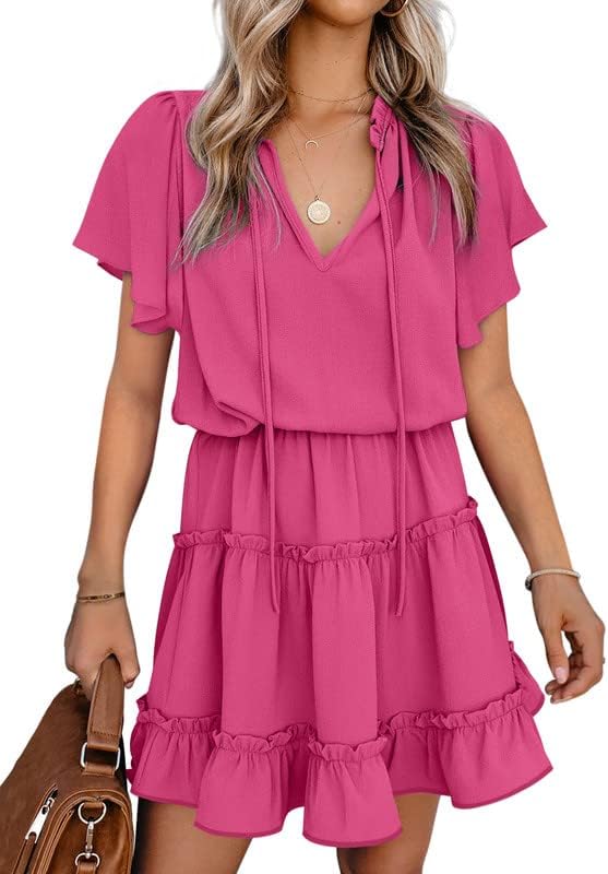 Womens V Neck Chiffon Mini Dress Short Sleeve Ruffle Summer Flowy Skirt