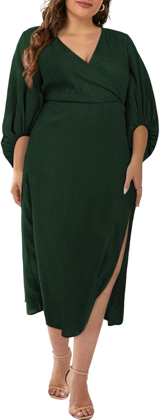 Plus Size V Neck Maxi Dress with Slit – Puff Sleeve Wrap Party Cocktail Dress 1X–5X