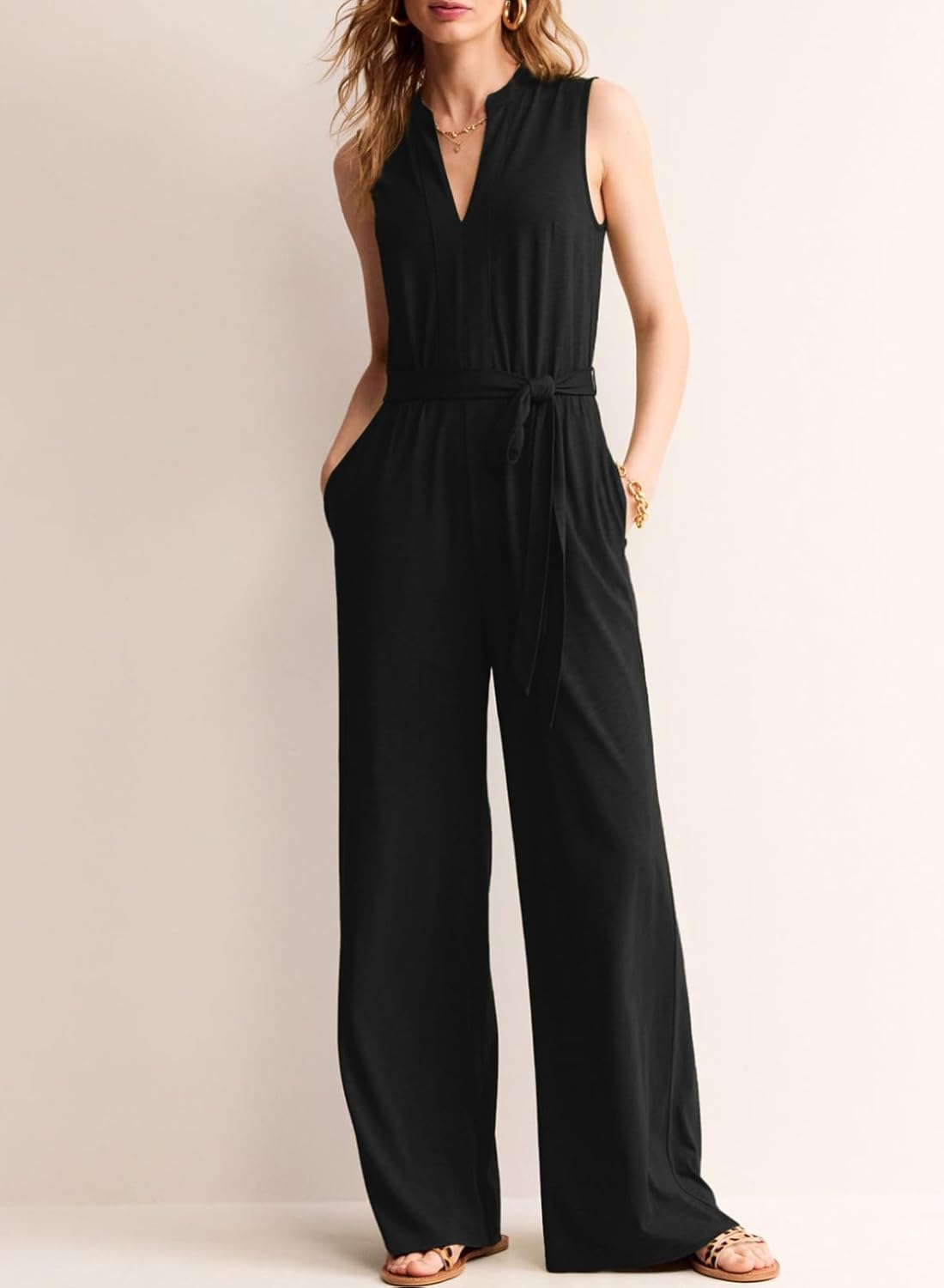 Womens V Neck Sleeveless Jumpsuit Casual Belted Wide Leg Romper with Pockets