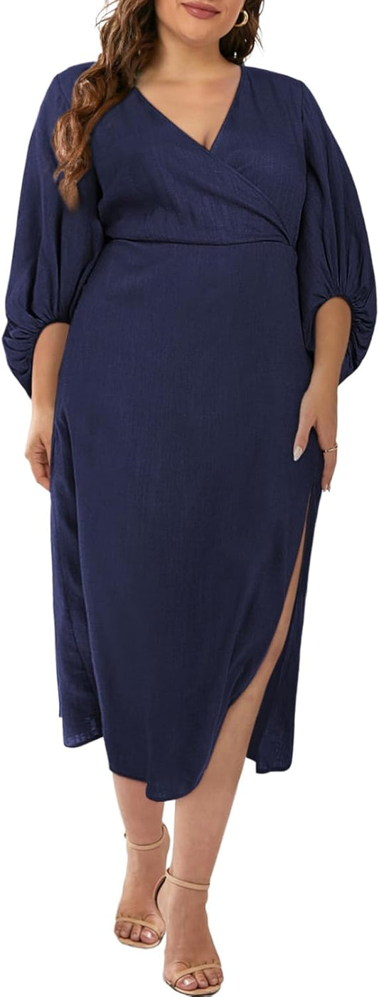 Womens Plus Size 1X Maxi Dress V Neck Puff Sleeve Slit Wrap Long Dress