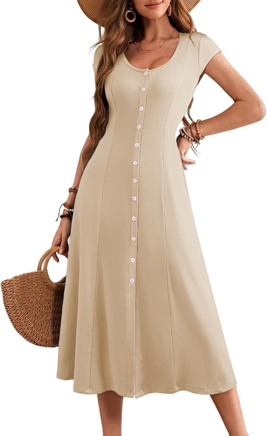 Womens Short Sleeve Midi Dress Split A Line Ribbed Knit Button Front Casual