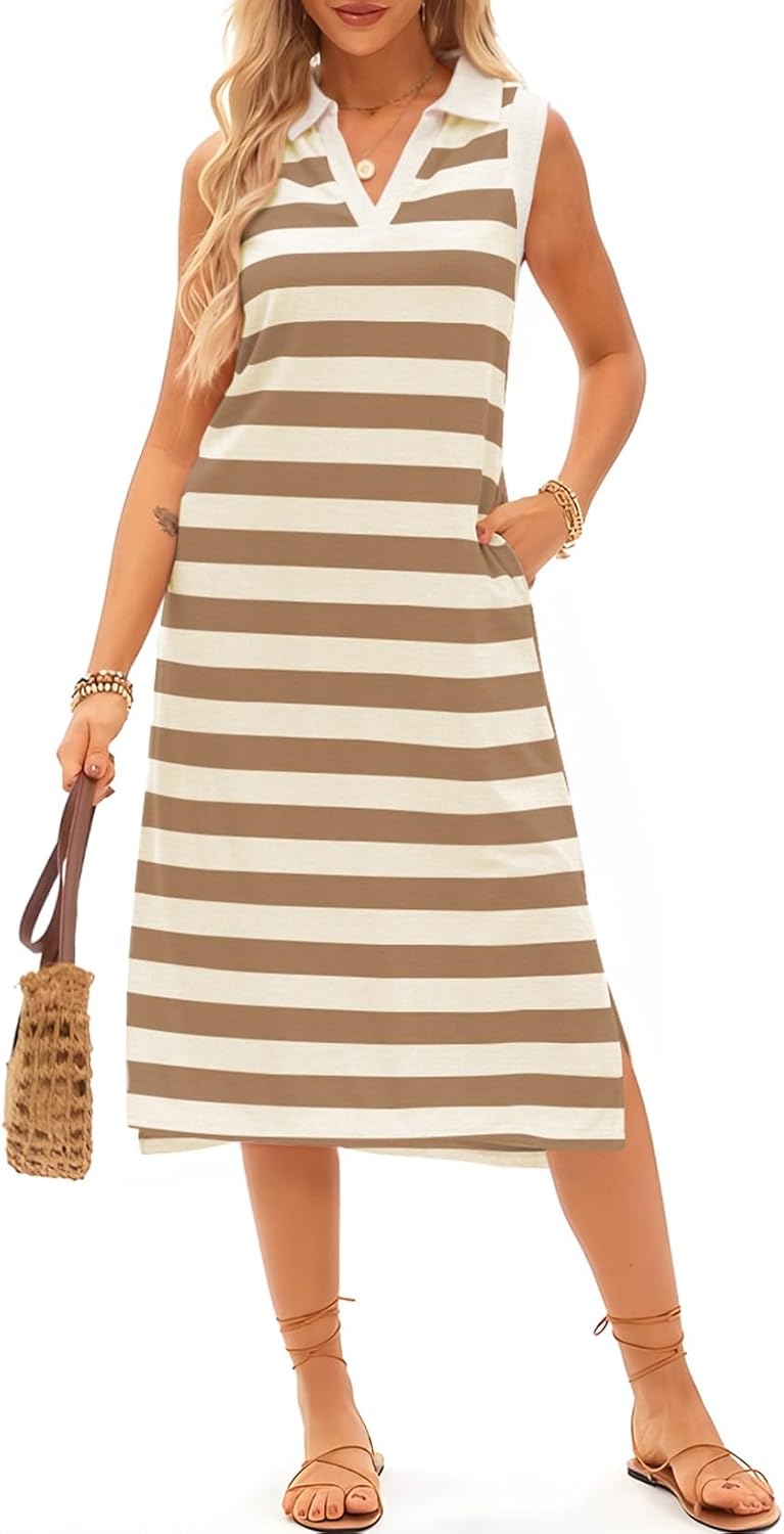 Women’s Striped Sleeveless V-Neck Maxi Dress with Pockets – Casual Beachwear