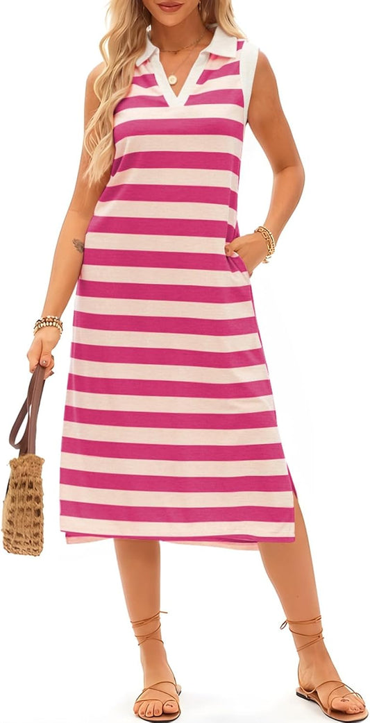 Women’s Striped Sleeveless V-Neck Maxi Dress with Pockets – Casual Beachwear