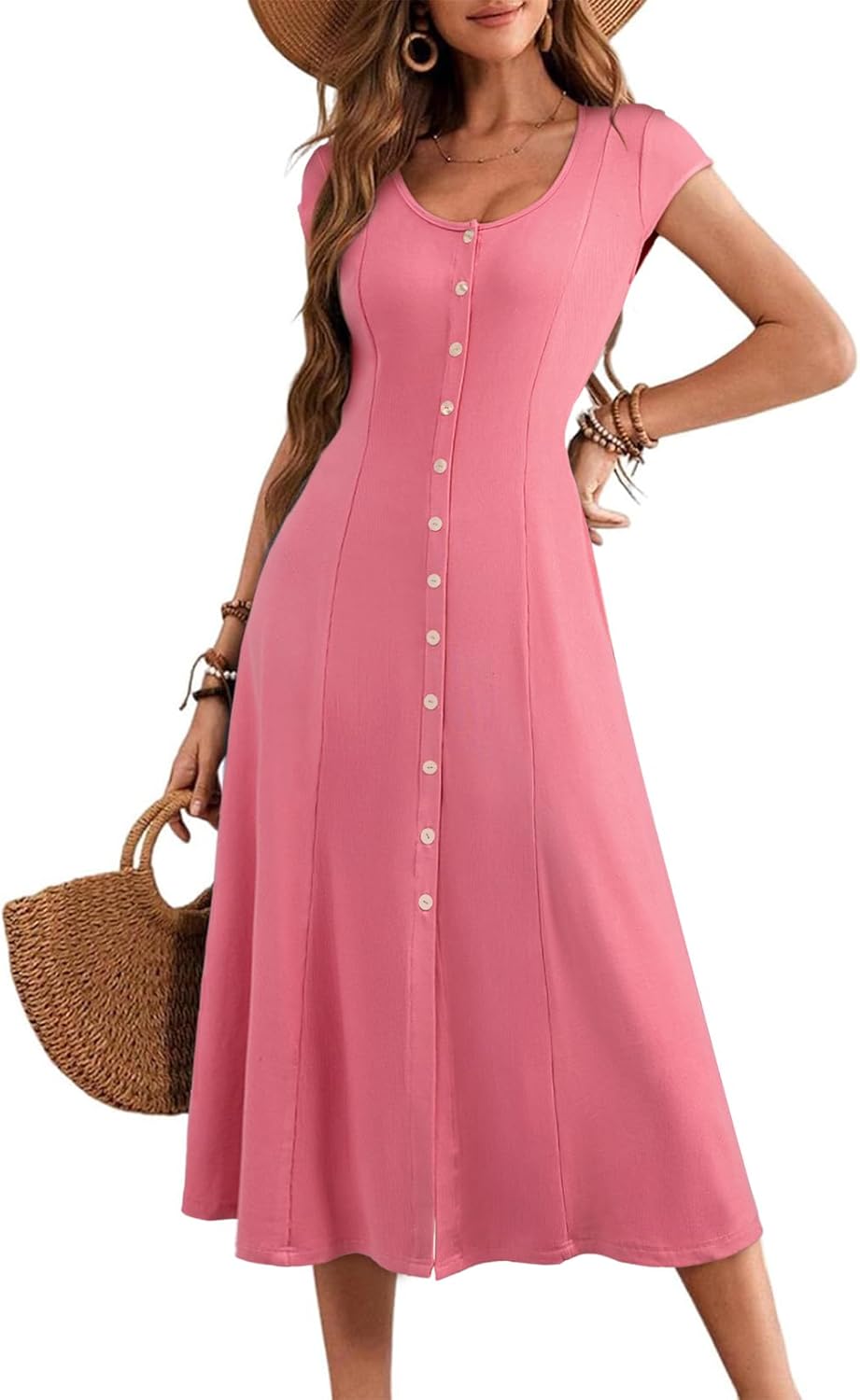Womens Short Sleeve Midi Dress Split A Line Ribbed Knit Button Front Casual