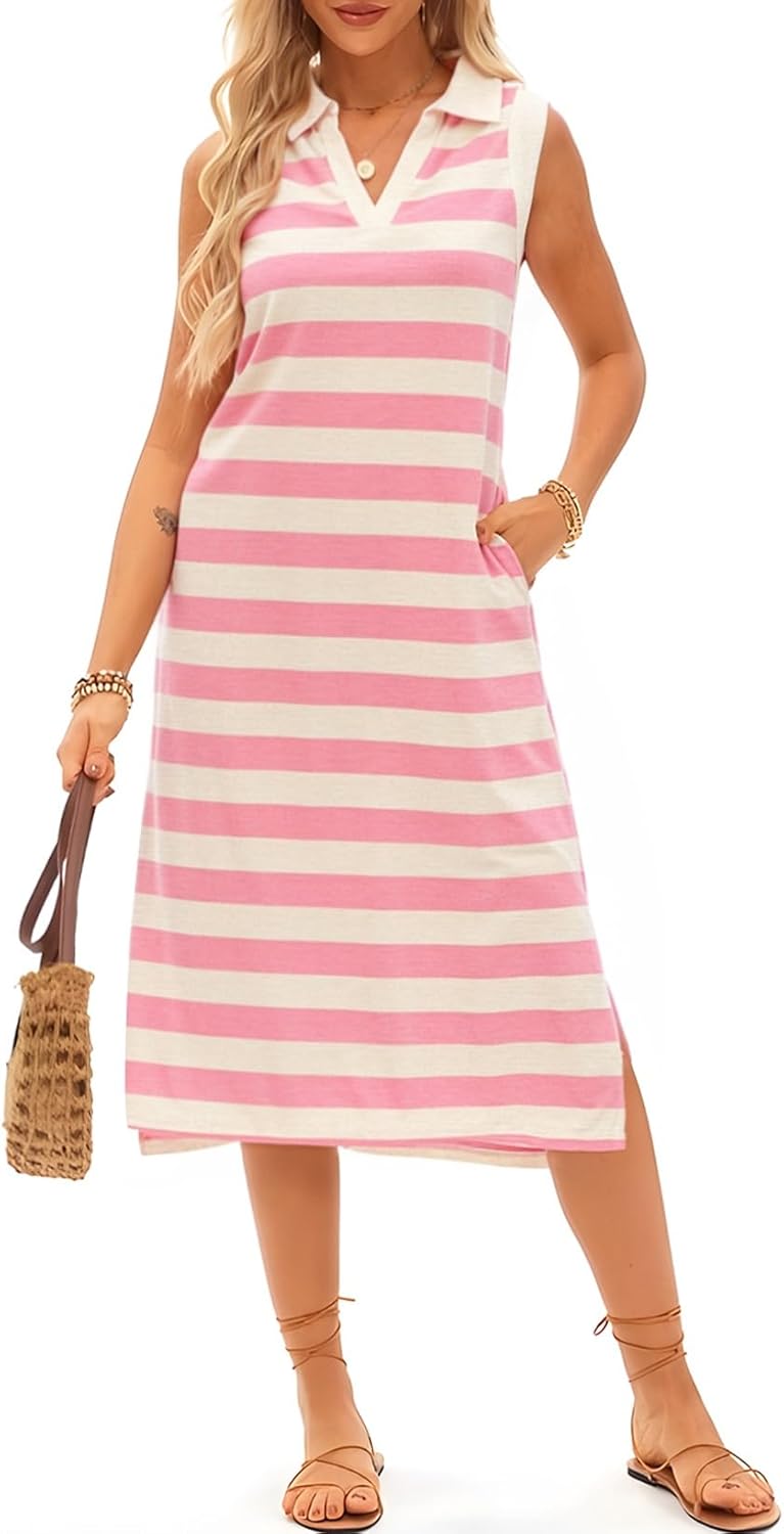 Women’s Striped Sleeveless V-Neck Maxi Dress with Pockets – Casual Beachwear