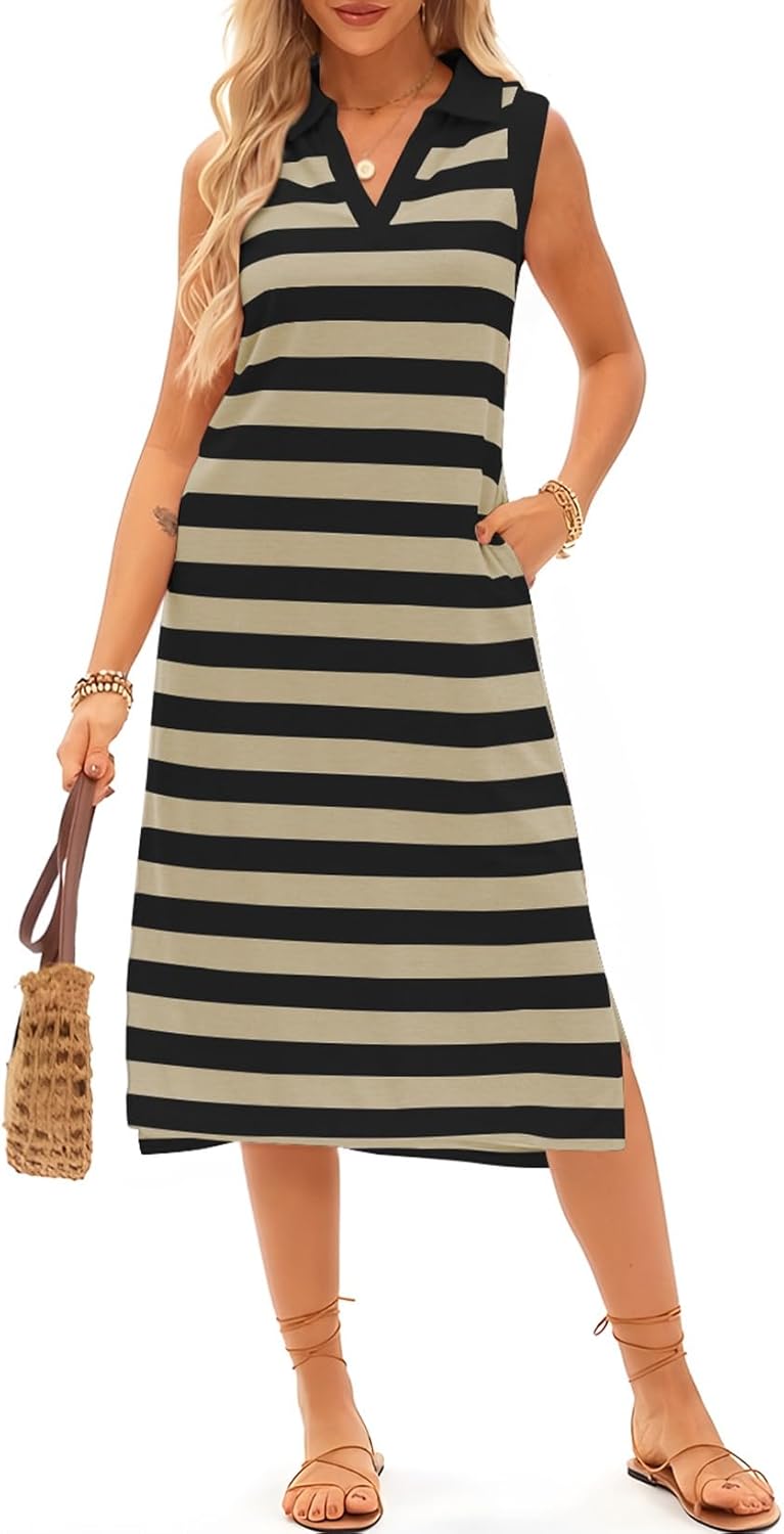 Women’s Striped Sleeveless V-Neck Maxi Dress with Pockets – Casual Beachwear