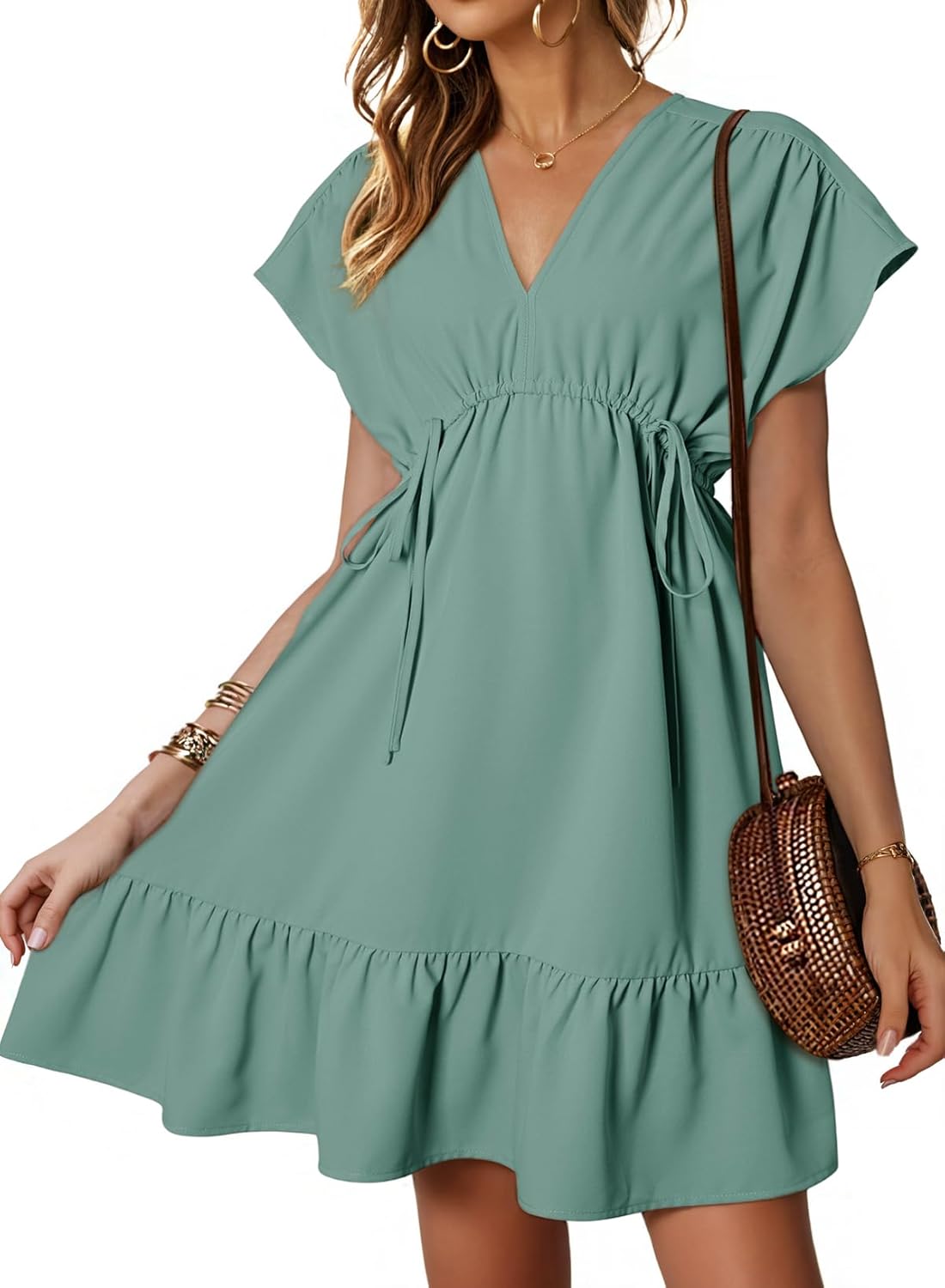 Womens V Neck Ruffle Mini Dress Short Sleeve Empire Waist Summer Babydoll