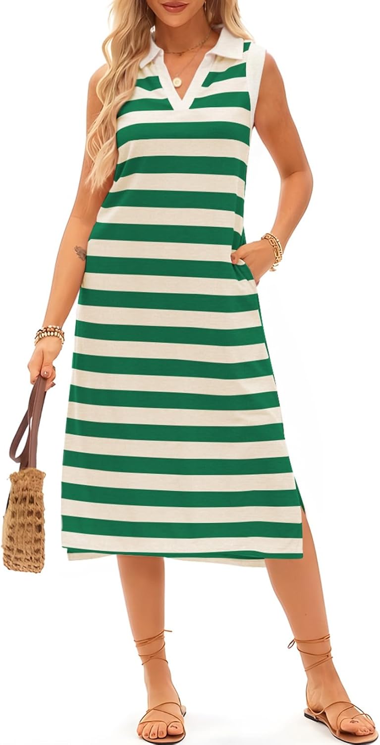 Women’s Striped Sleeveless V-Neck Maxi Dress with Pockets – Casual Beachwear