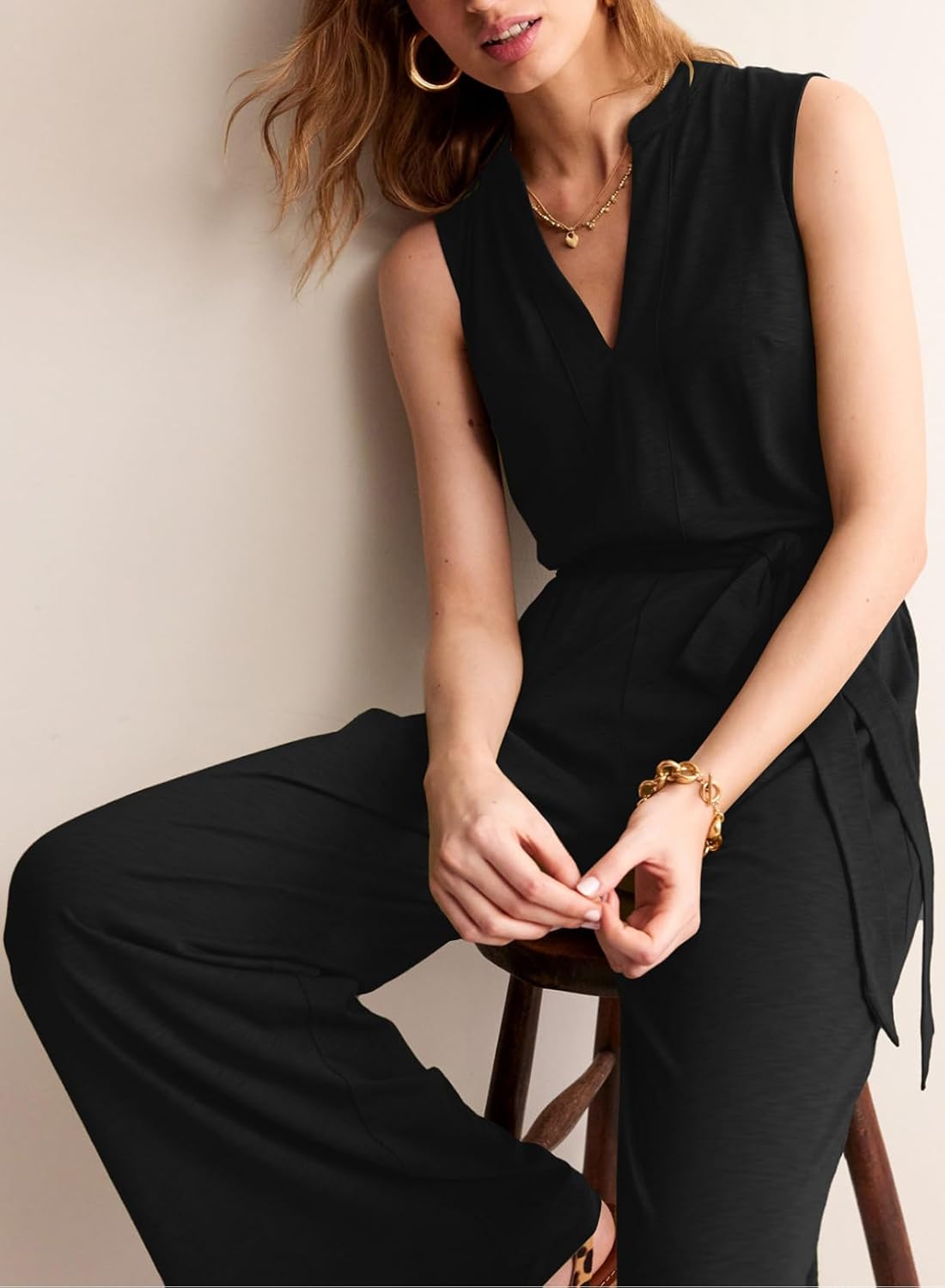 Womens V Neck Sleeveless Jumpsuit Casual Belted Wide Leg Romper with Pockets