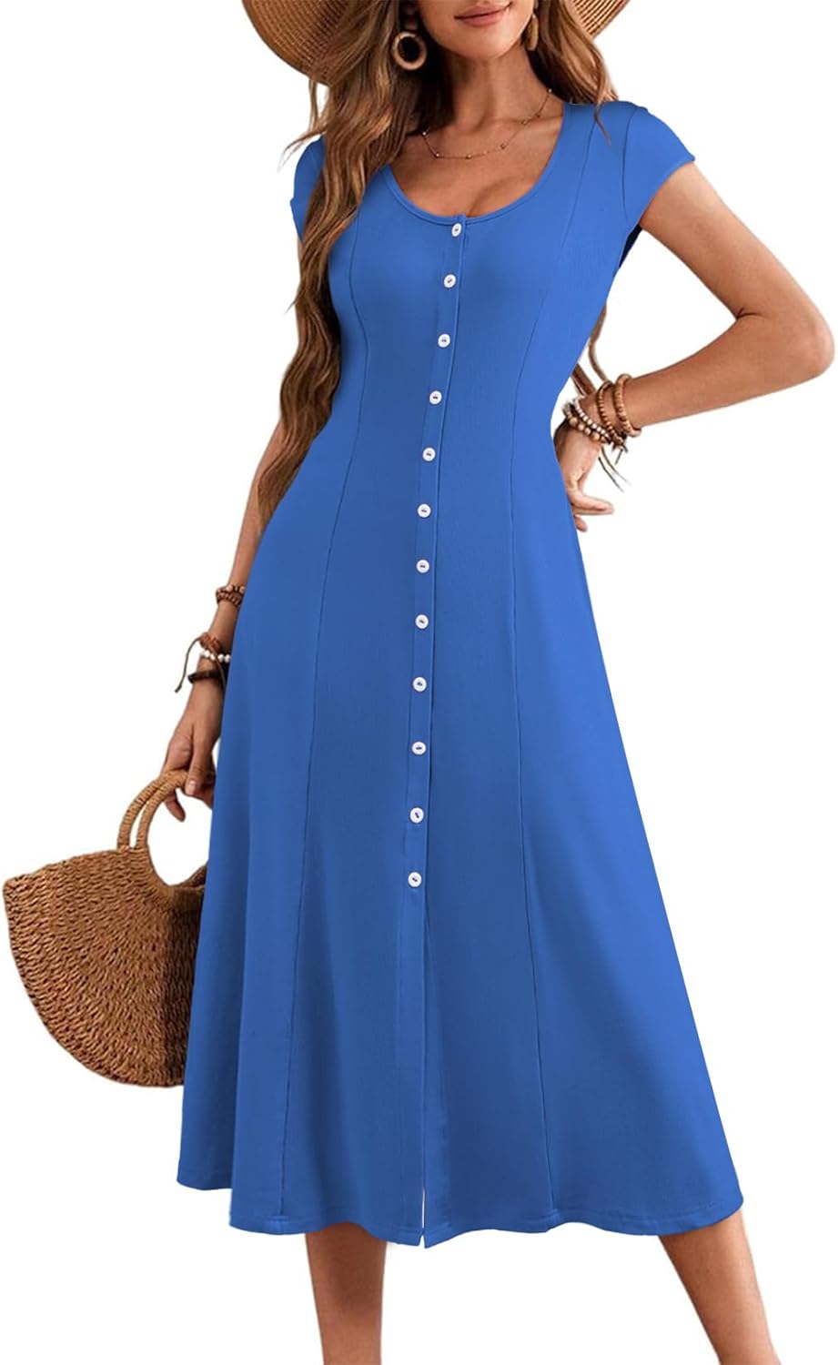 Womens Short Sleeve Midi Dress Split A Line Ribbed Knit Button Front Casual