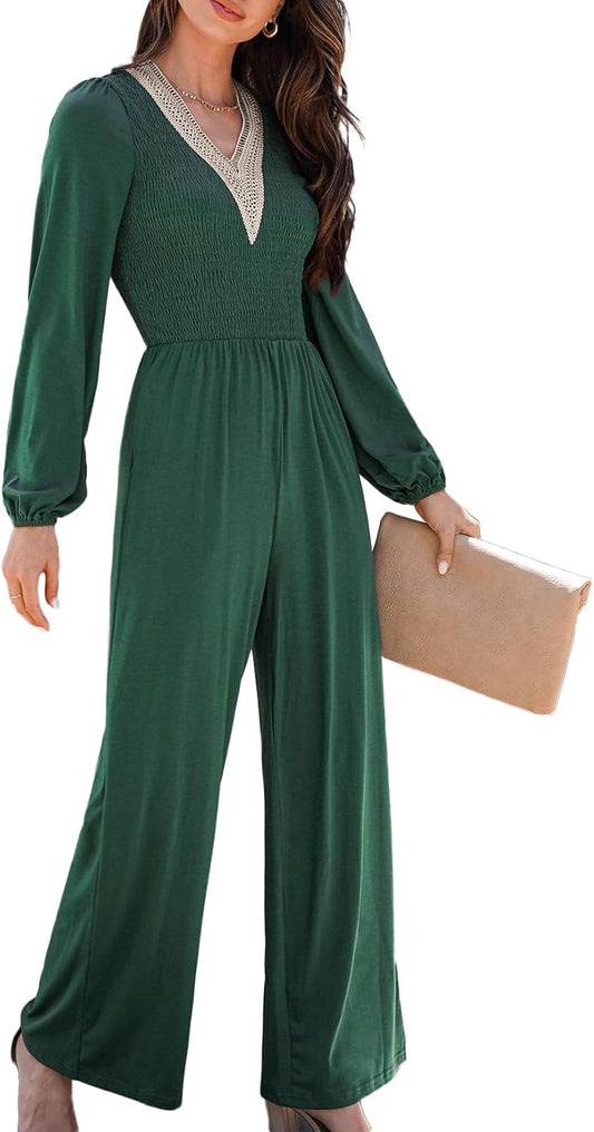 Womens 2XL Long Sleeve V Neck Jumpsuit with Pockets Wide Leg One Piece Outfit