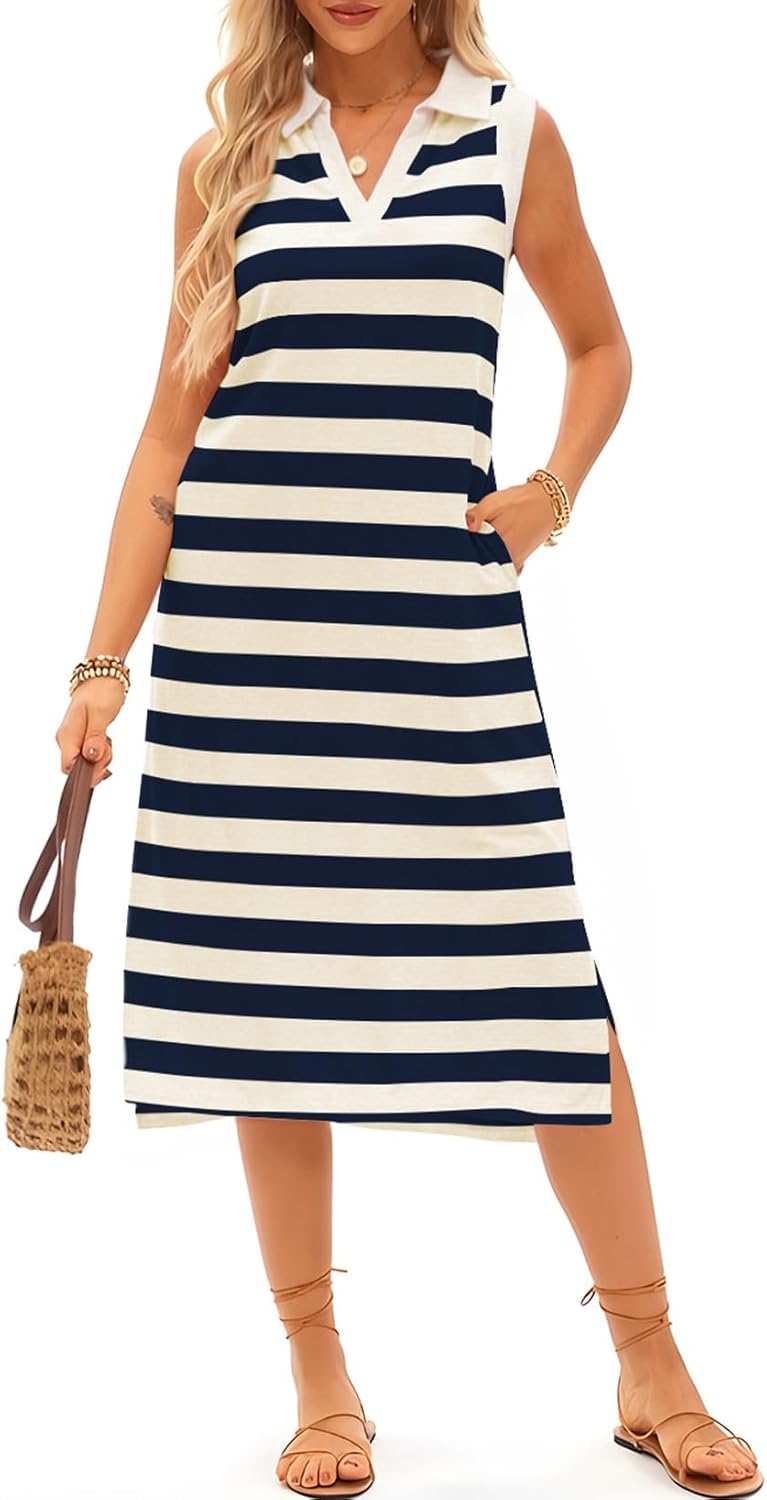 Women’s Striped Sleeveless V-Neck Maxi Dress with Pockets – Casual Beachwear