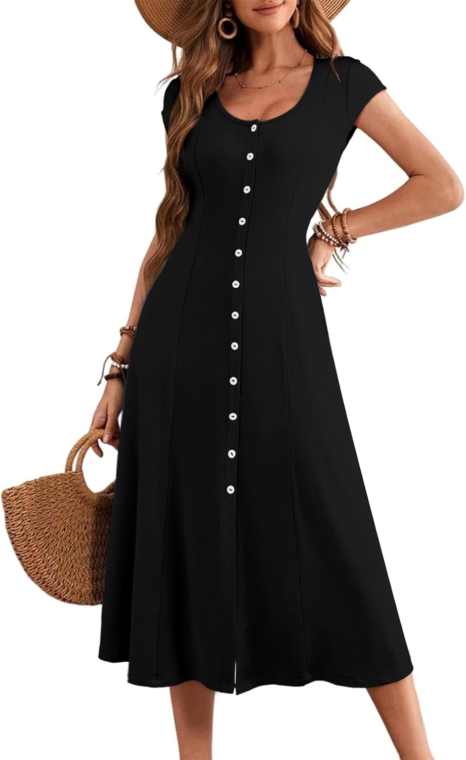 Womens Short Sleeve Midi Dress Split A Line Ribbed Knit Button Front Casual