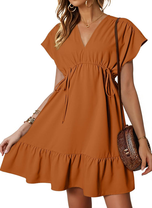 Womens V Neck Ruffle Mini Dress Short Sleeve Empire Waist Summer Babydoll