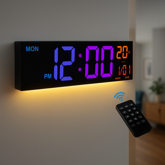 16" Large Digital Wall Clock RGB LED Remote Alarm Temp Date DST Kitchen Living