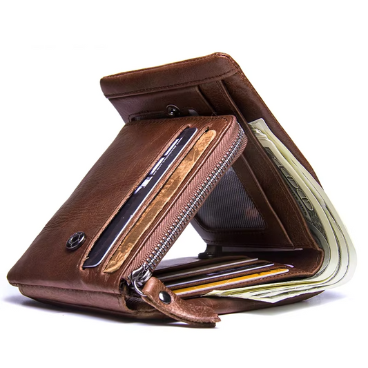 Men’s Genuine Leather Trifold Wallet with Zipper Coin Pocket & Card Holder