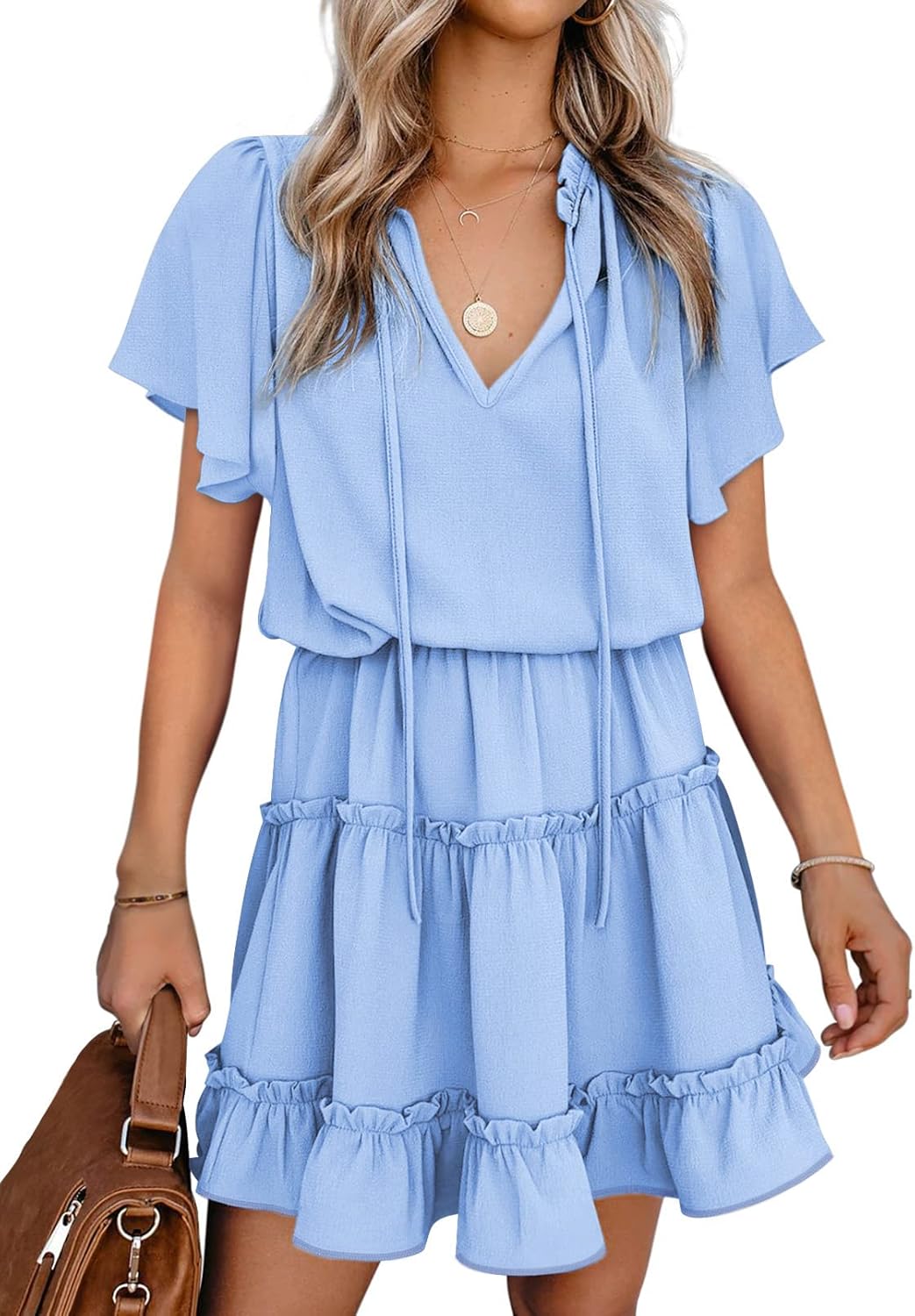 Womens V Neck Chiffon Mini Dress Short Sleeve Ruffle Summer Flowy Skirt