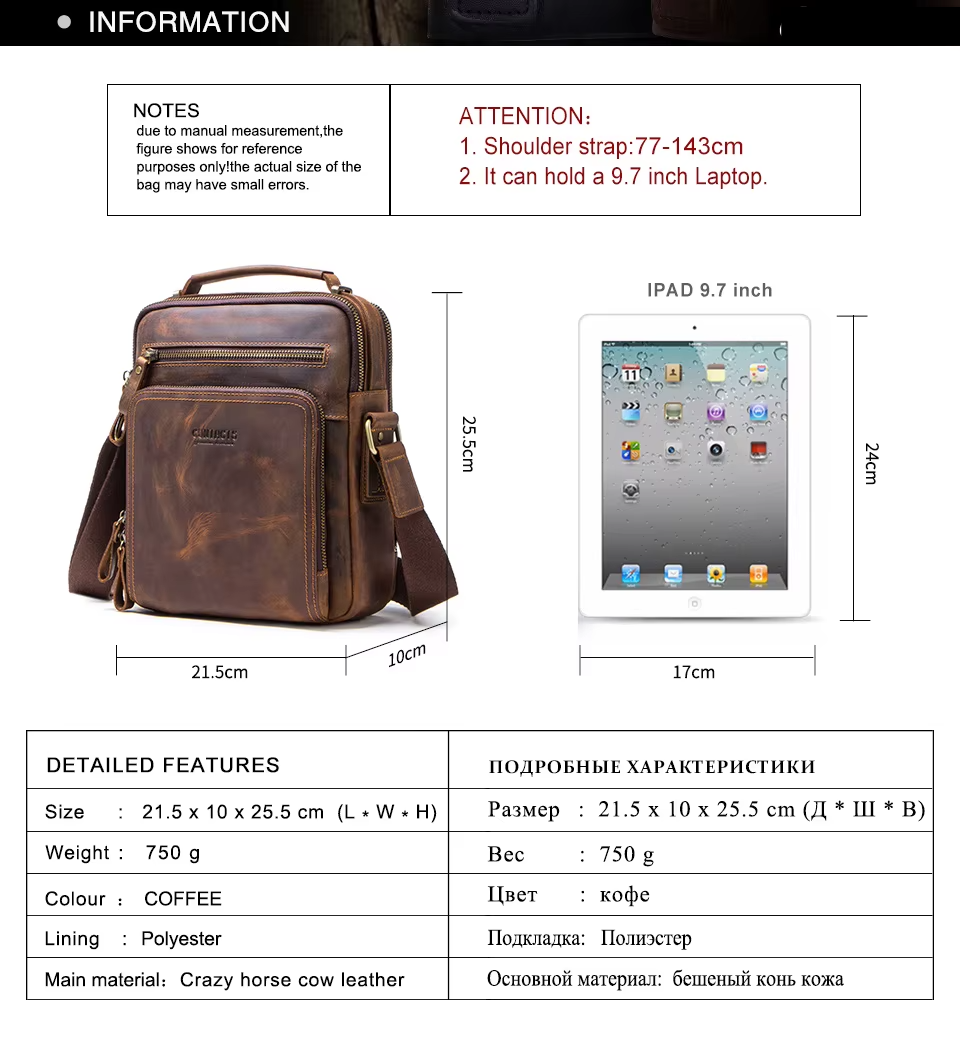 Genuine Leather Men Shoulder Bag Vintage Messenger Crossbody Sling Handbag