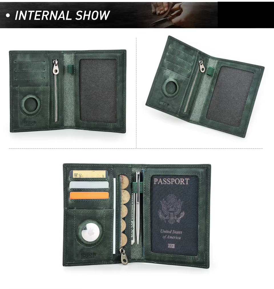 Genuine Leather Passport Wallet AirTag Slot Travel Card Holder for Men Women