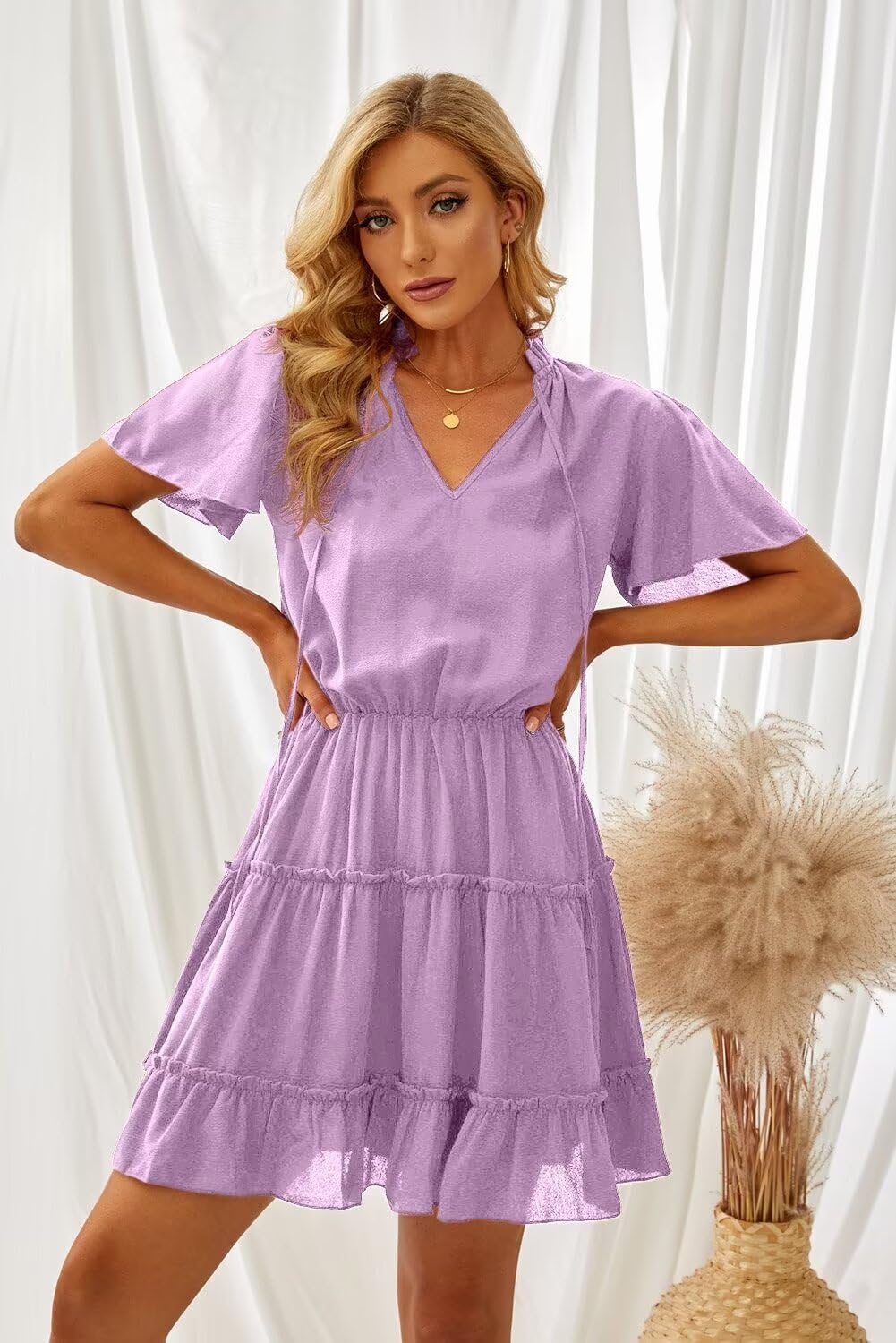 Womens V Neck Chiffon Mini Dress Short Sleeve Ruffle Summer Flowy Skirt
