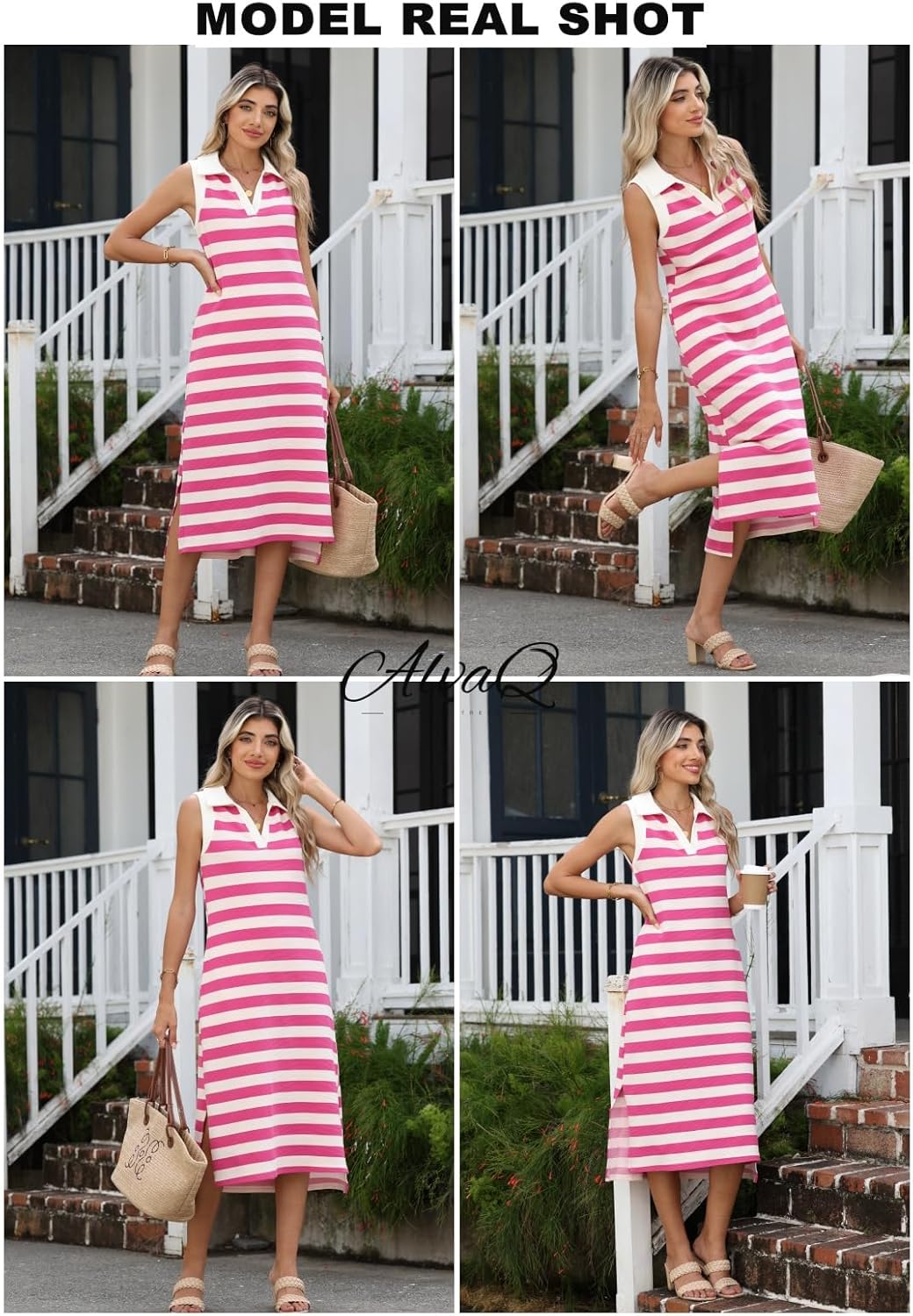 Women’s Striped Sleeveless V-Neck Maxi Dress with Pockets – Casual Beachwear