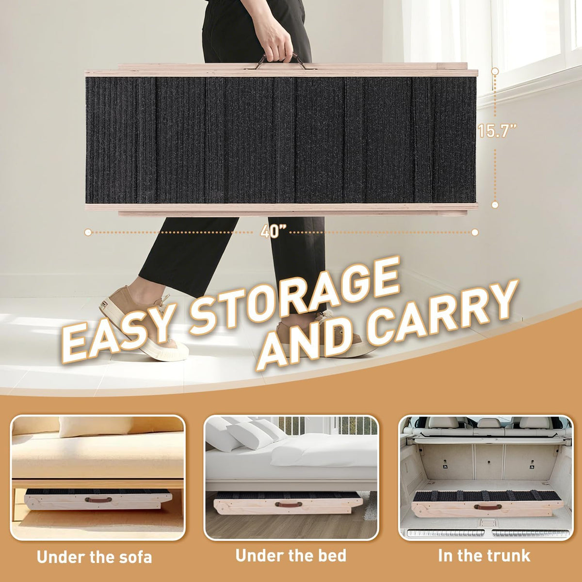 Folding Wooden Pet Ramp Black Carpet Carry Handle Open Box