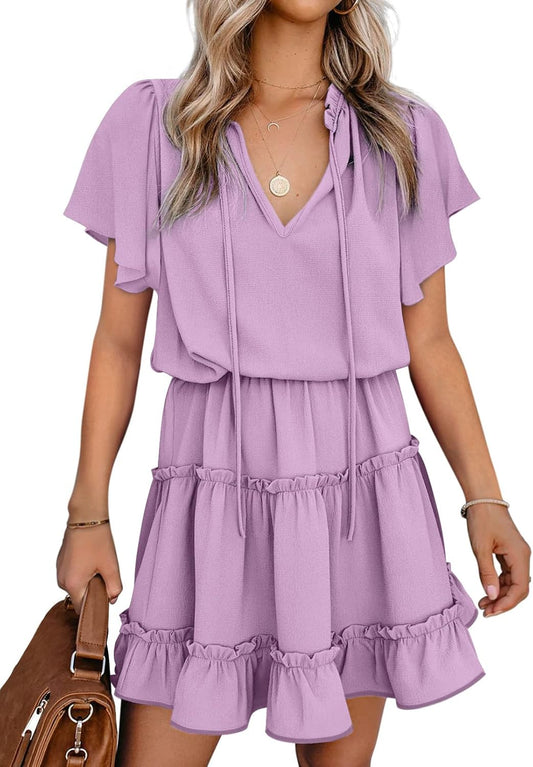 Womens V Neck Chiffon Mini Dress Short Sleeve Ruffle Summer Flowy Skirt