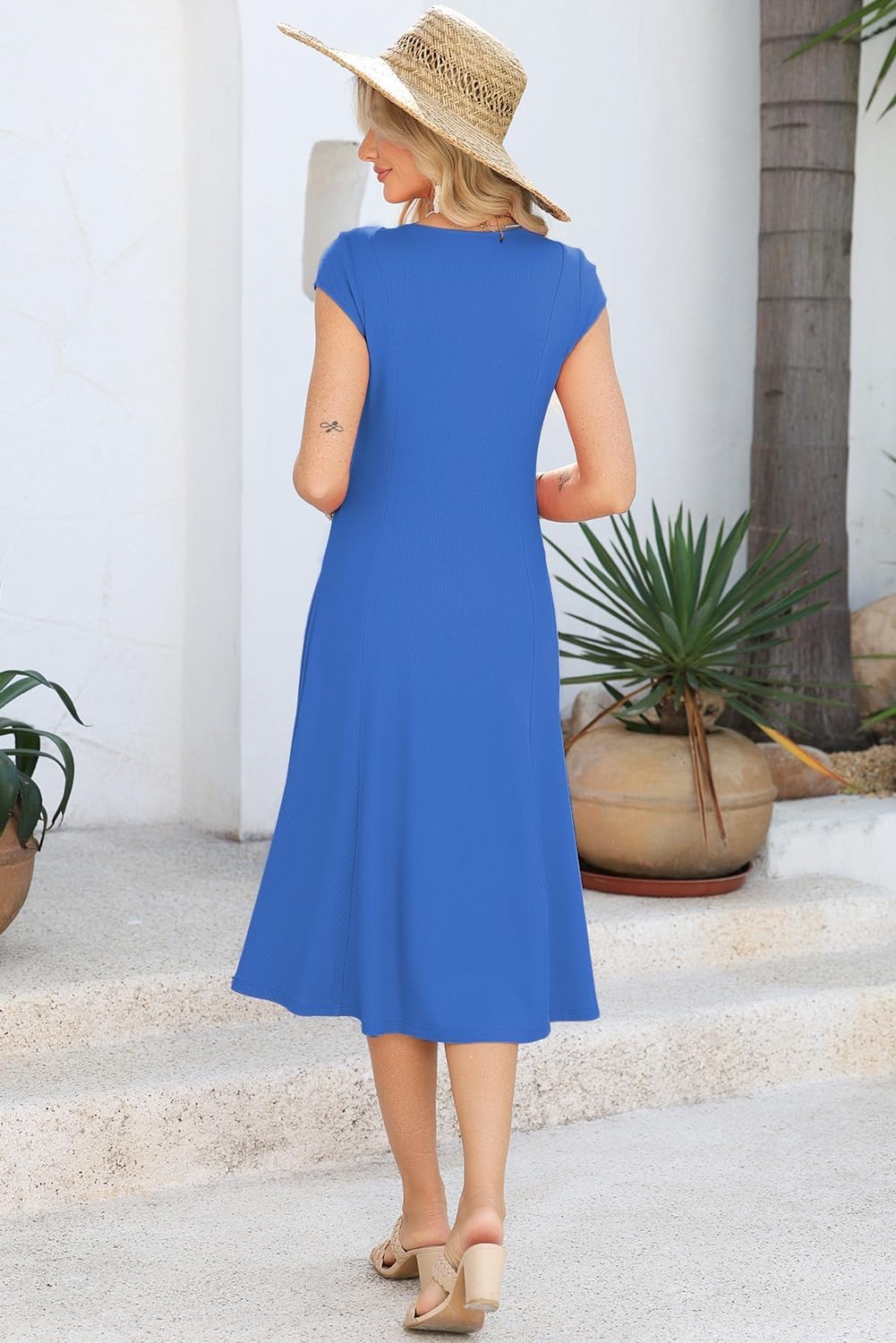 Womens Short Sleeve Midi Dress Split A Line Ribbed Knit Button Front Casual