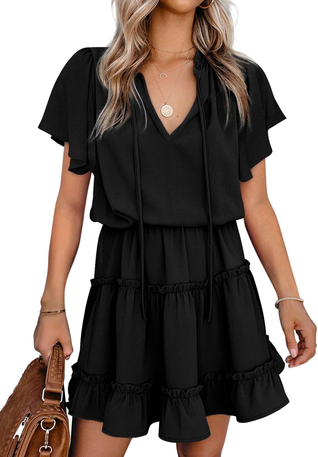 Womens V Neck Chiffon Mini Dress Short Sleeve Ruffle Summer Flowy Skirt